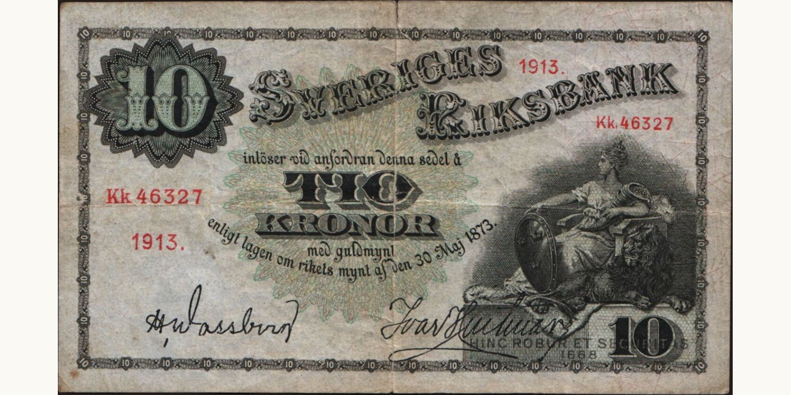 10 kronor Швеция 1913 — Лицевая сторона