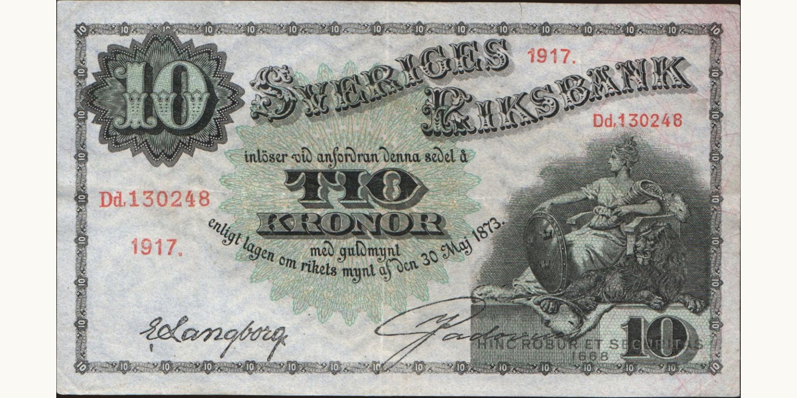 10 kronor Швеция 1917 — Лицевая сторона