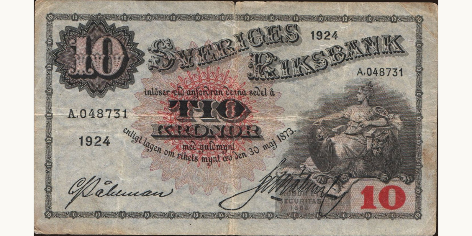 10 kronor Швеция 1924 — Лицевая сторона