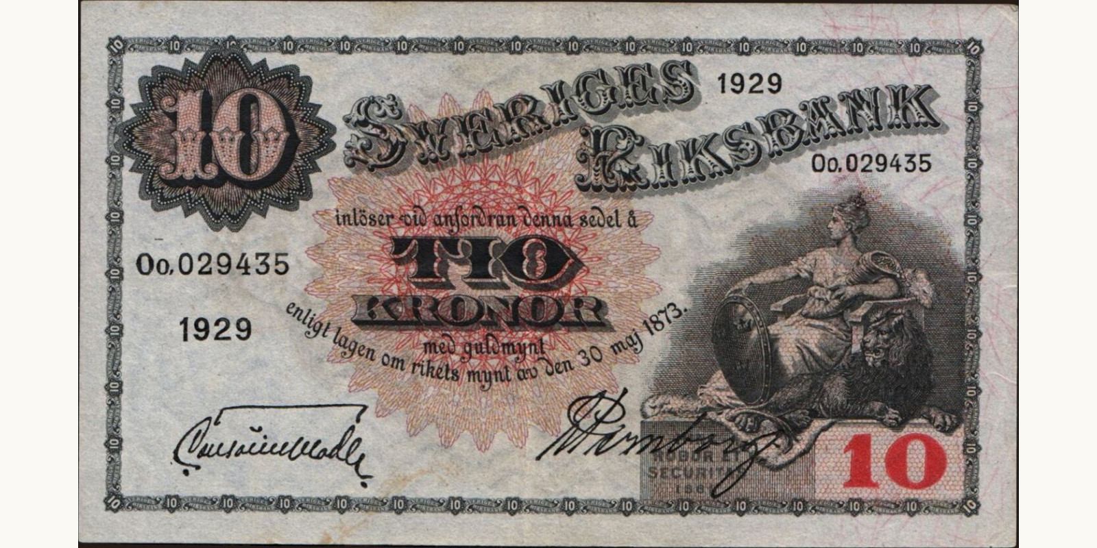 10 kronor Швеция 1929 — Лицевая сторона