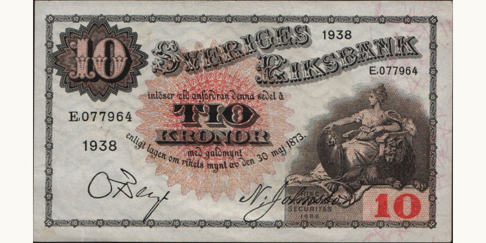 10 kronor Швеция 1938 — Лицевая сторона