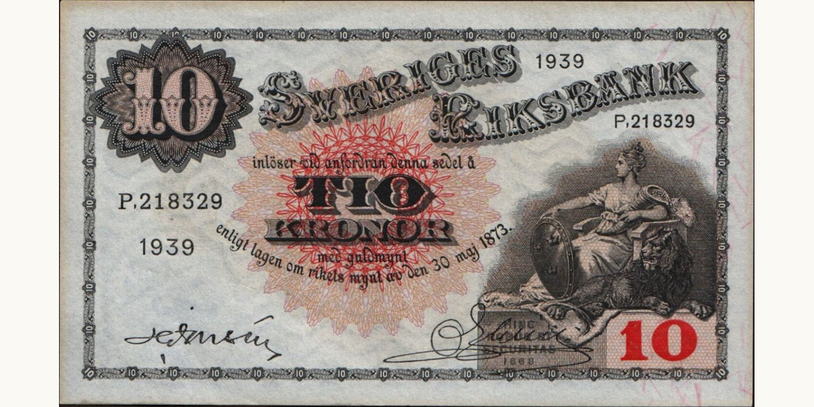 10 kronor Швеция 1939 — Лицевая сторона