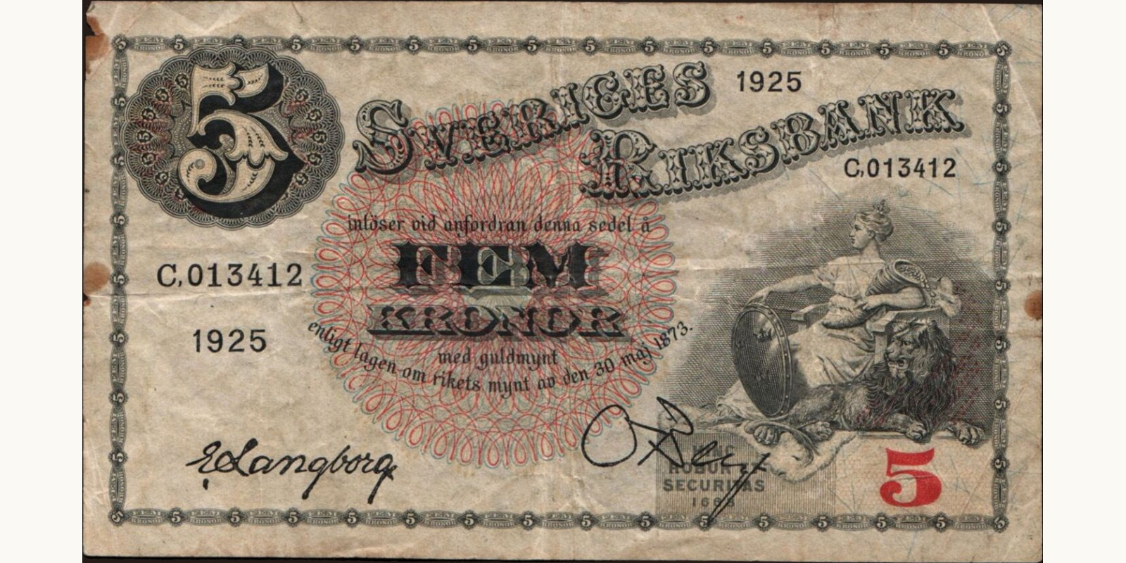 5 kronor Швеция 1925 — Лицевая сторона