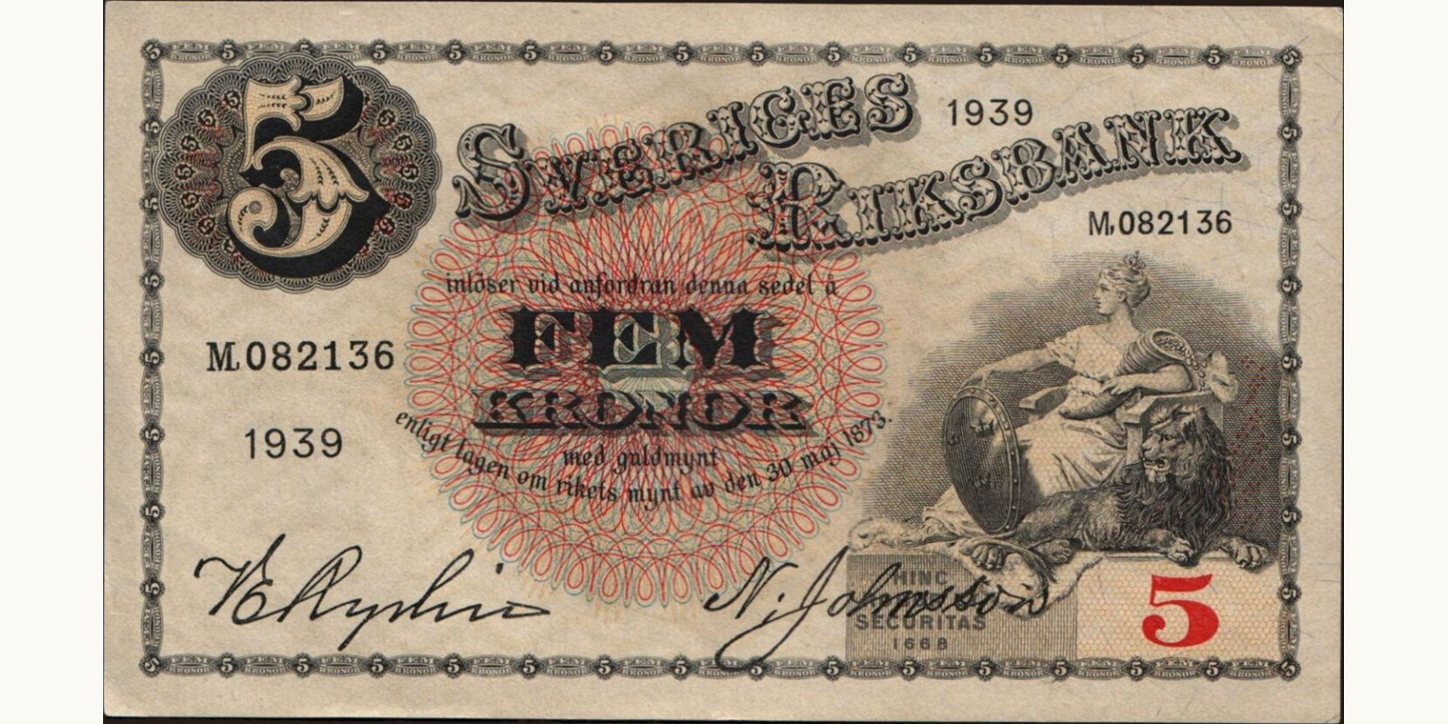 5 kronor Sweden 1939 — Front side