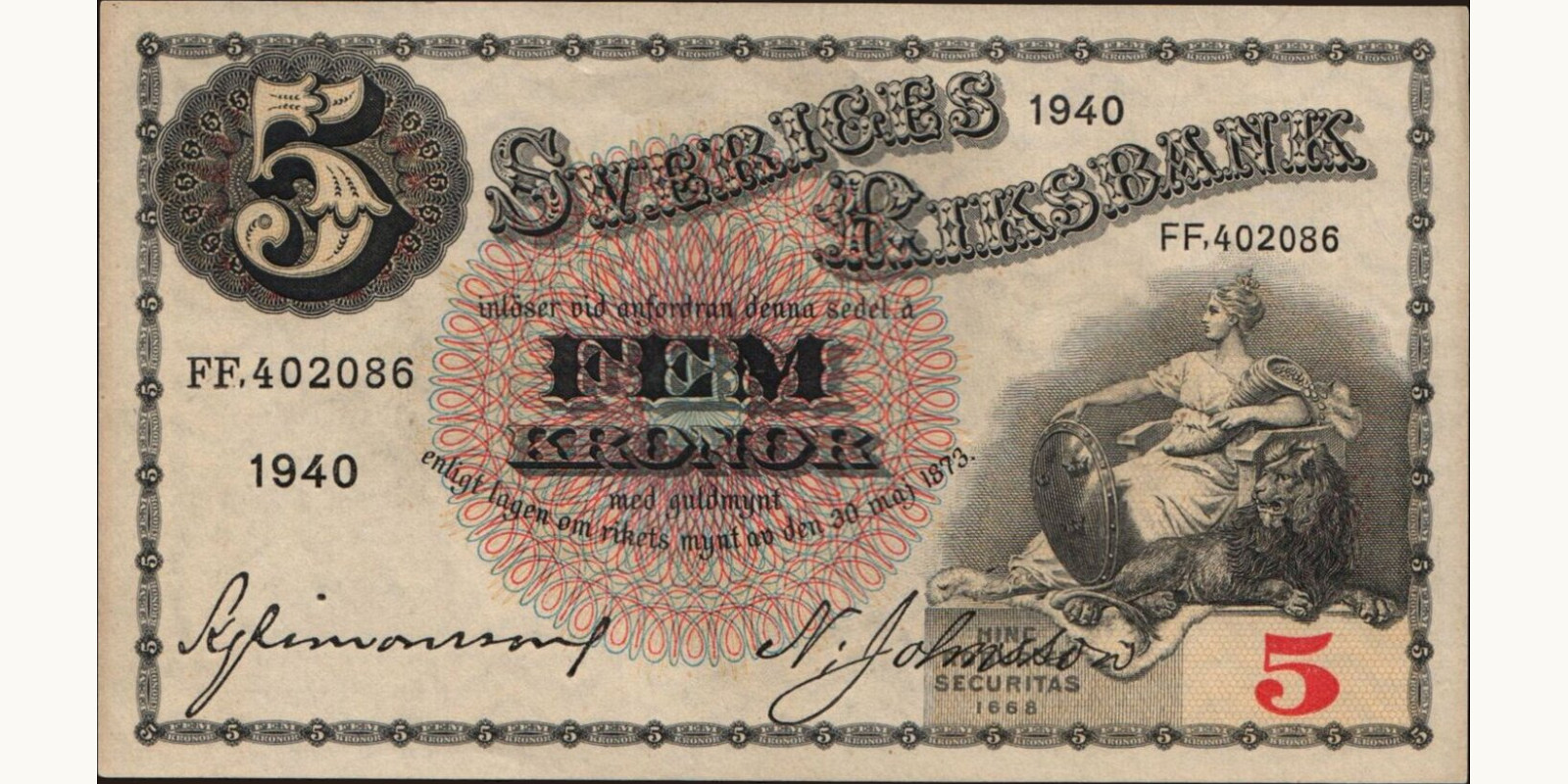 5 kronor Швеция 1940 — Лицевая сторона
