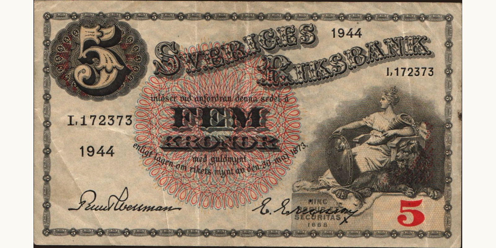 5 kronor Sweden 1944 — Front side