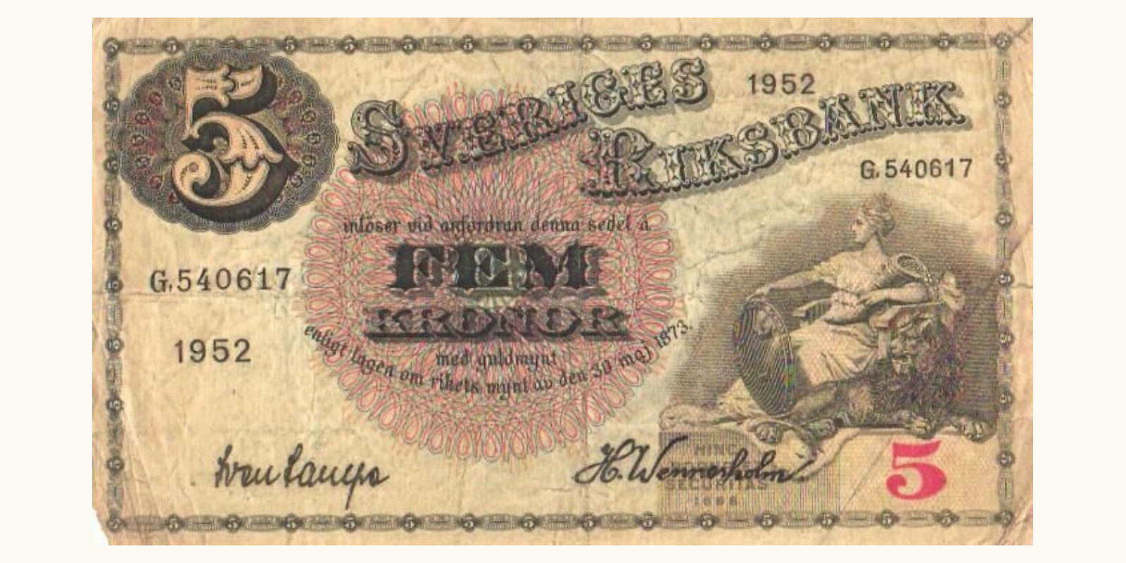 5 kroon Sweden 1952 — Front side