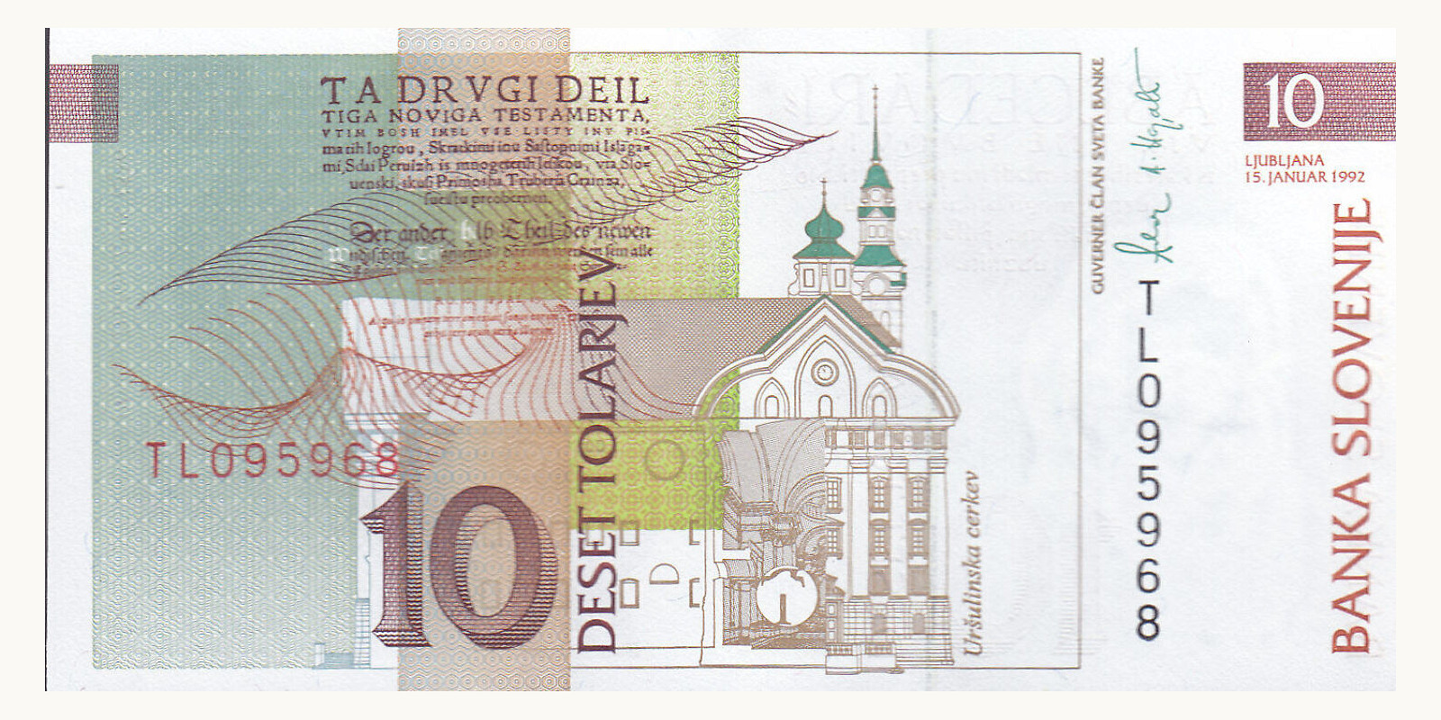 10 tolarjev Slovenia 1992 — Back side