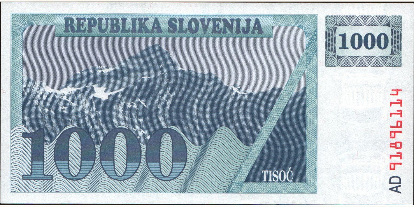 1000 tolarjev Slovenia 1991 — Back side