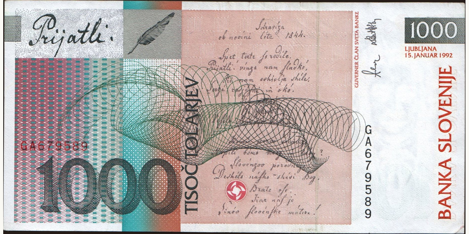 1000 tolarjev Slovenia 1992 — Back side