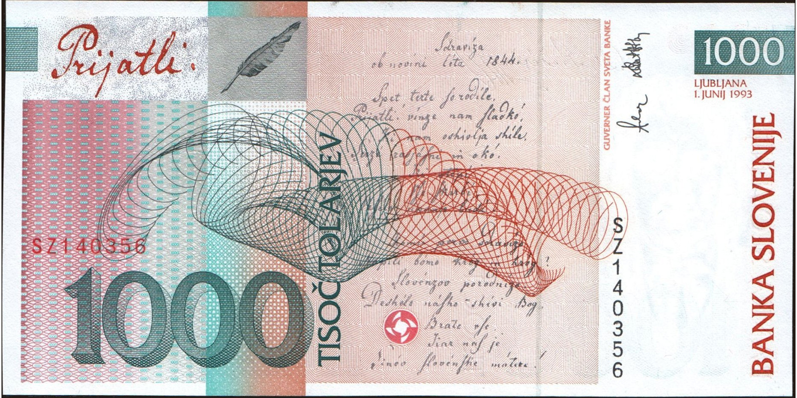 1000 tolarjev Slovenia 1993 — Back side