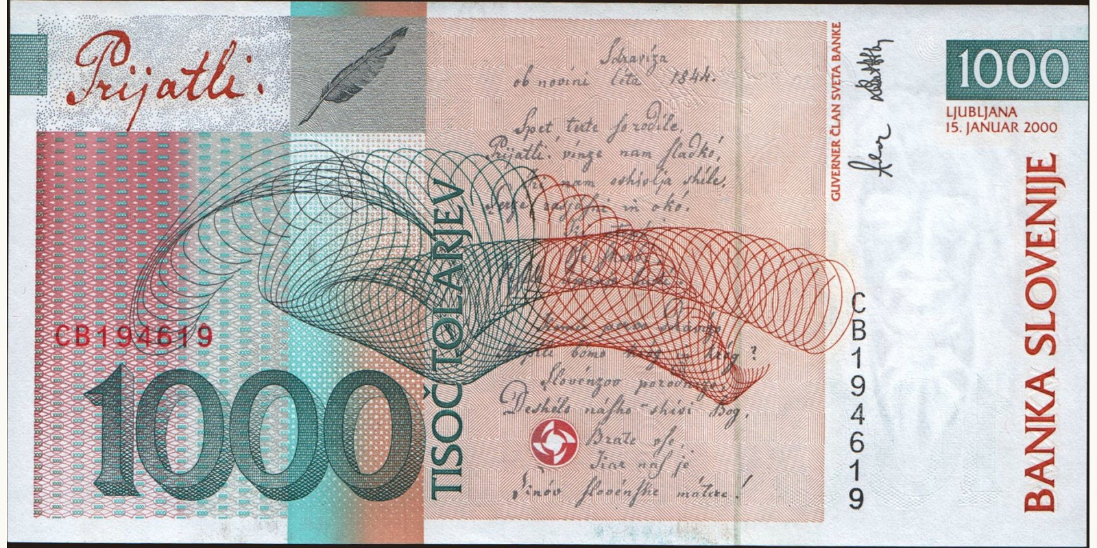1000 tolarjev Slovenia 2000 — Back side