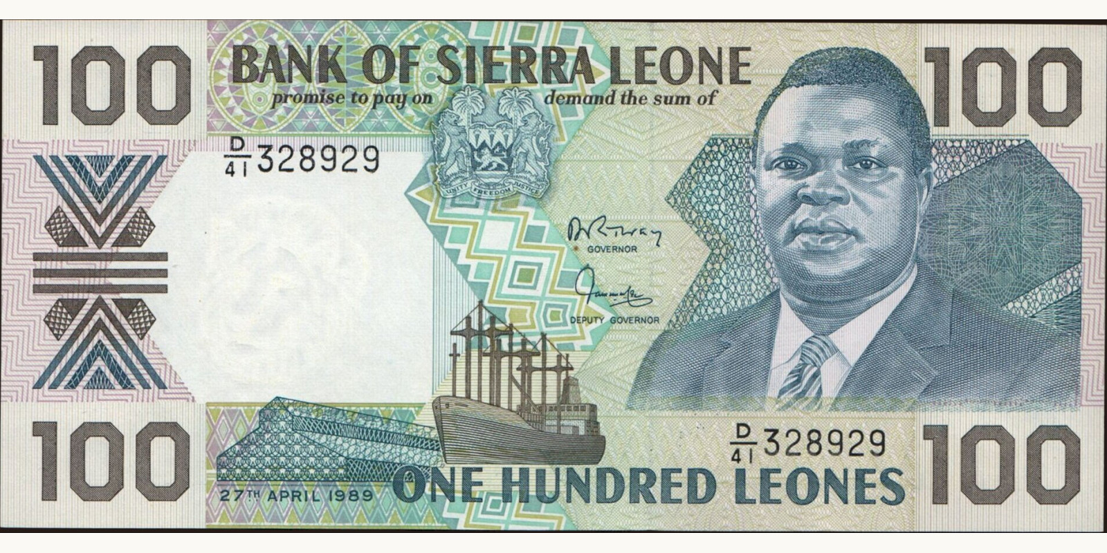 100 leones Сьерра-Леоне 1989 — Лицевая сторона