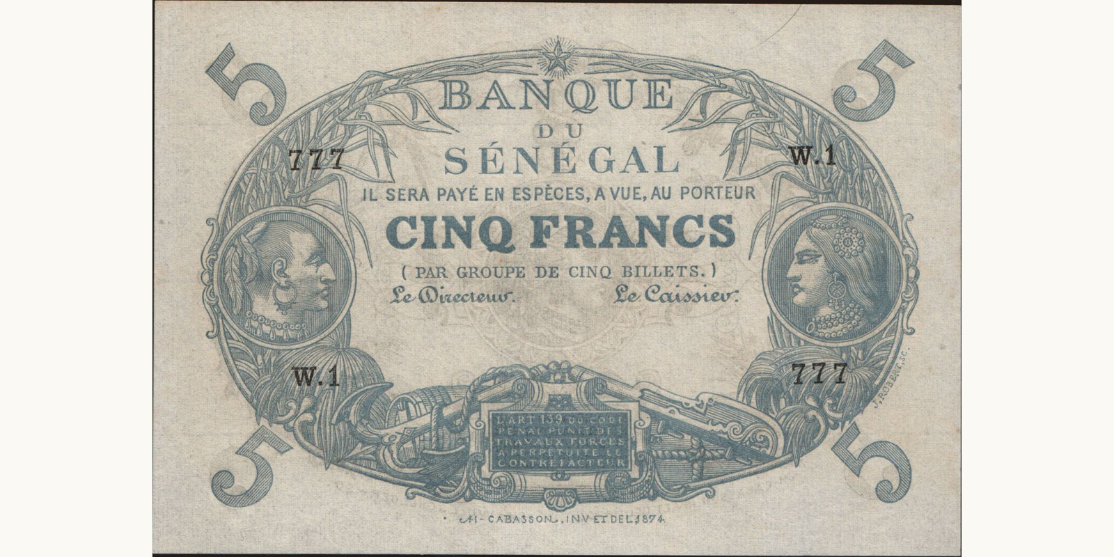 5 franc Сенегал 1874 — Лицевая сторона