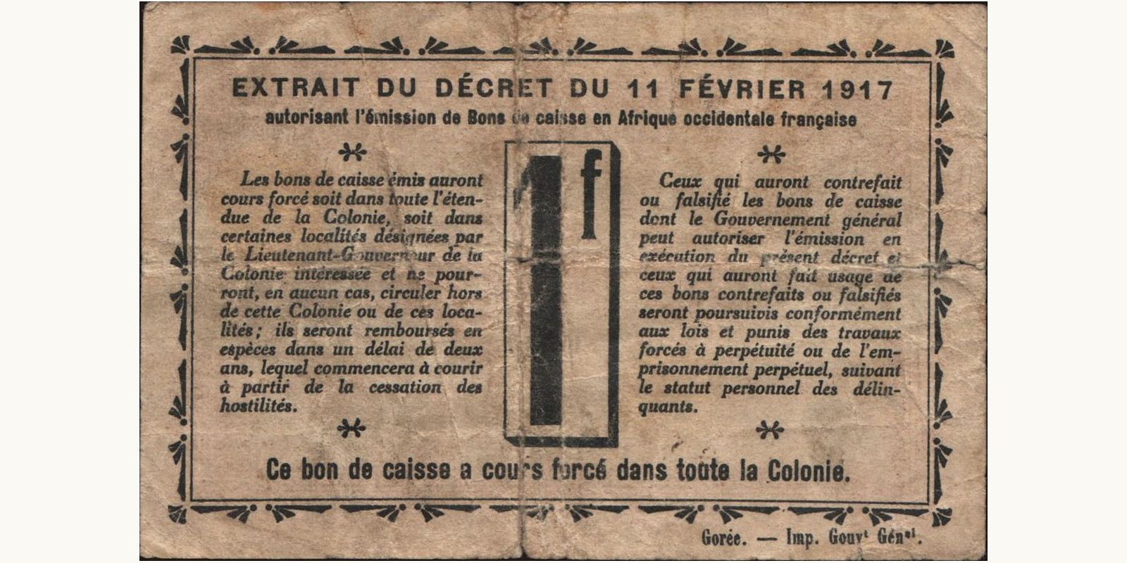 1 franc Senegal 1917 — Back side