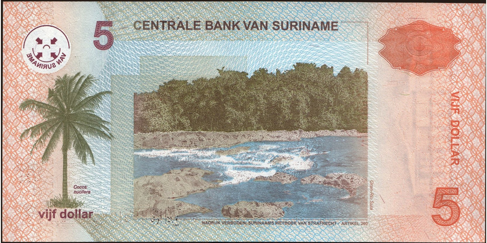 5 dollars Суринам 2004 — Оборотная сторона