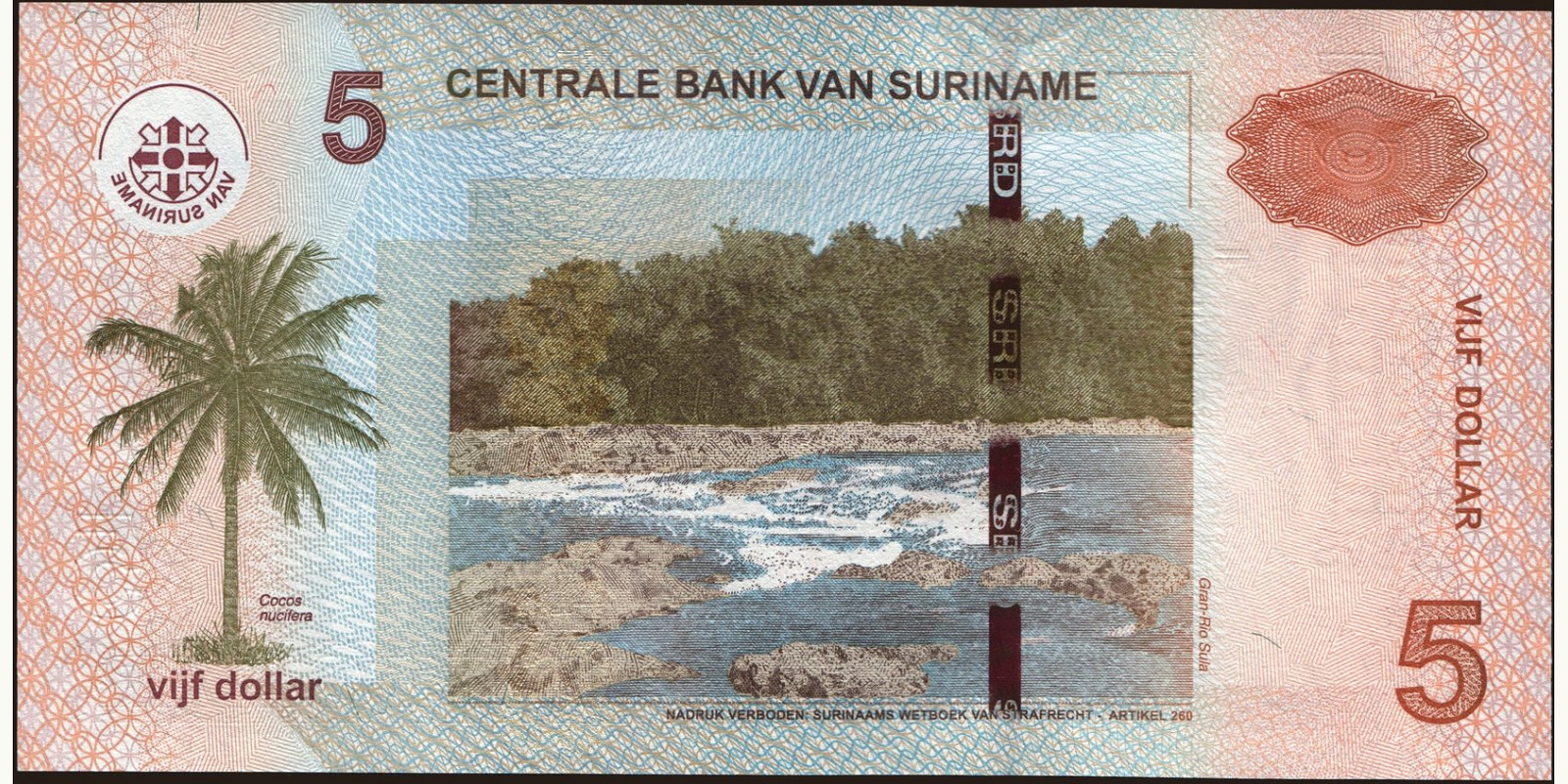 5 dollars Suriname 2010 — Back side