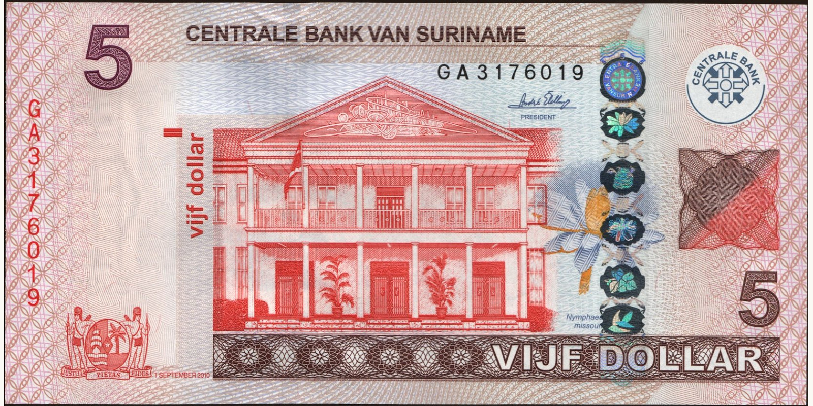 5 dollars Suriname 2010 — Front side