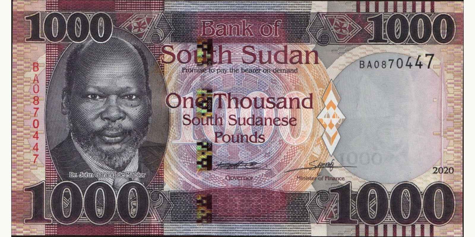 1000 pounds South Sudan 2020 — Front side