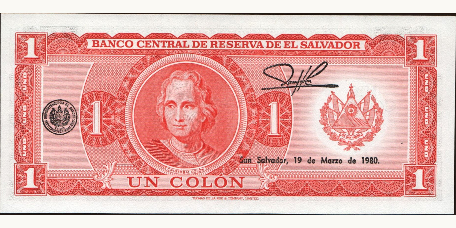1 colones El Salvador 1980 — Back side