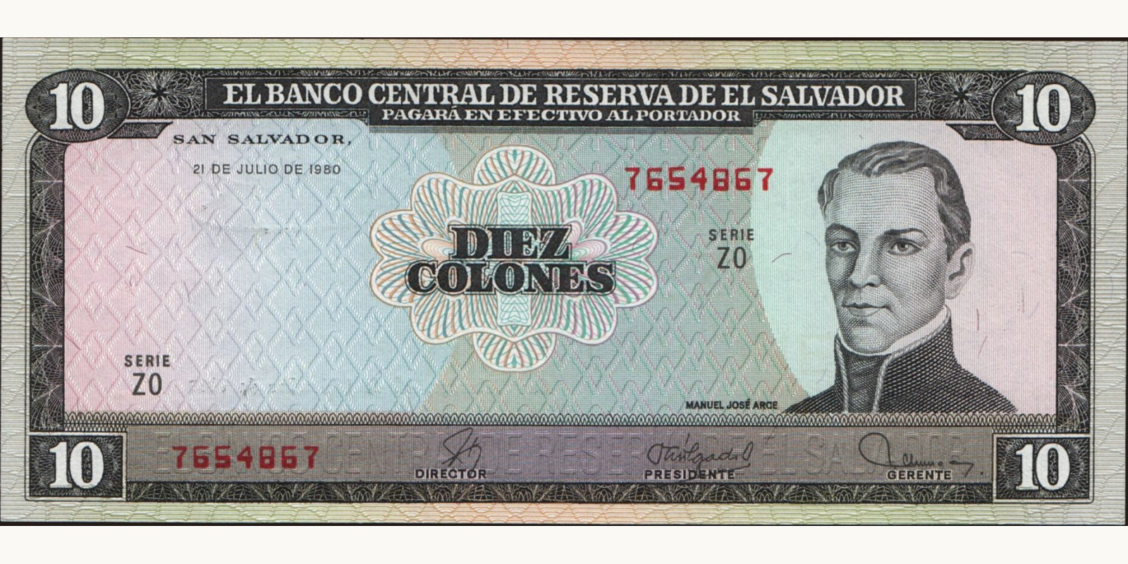 10 colones El Salvador 1980 — Front side