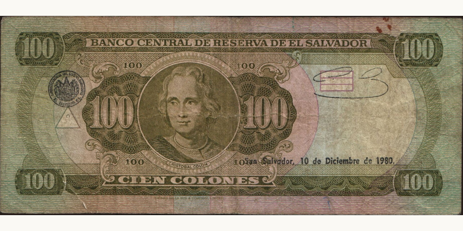 100 colones Сальвадор 1980 — Оборотная сторона