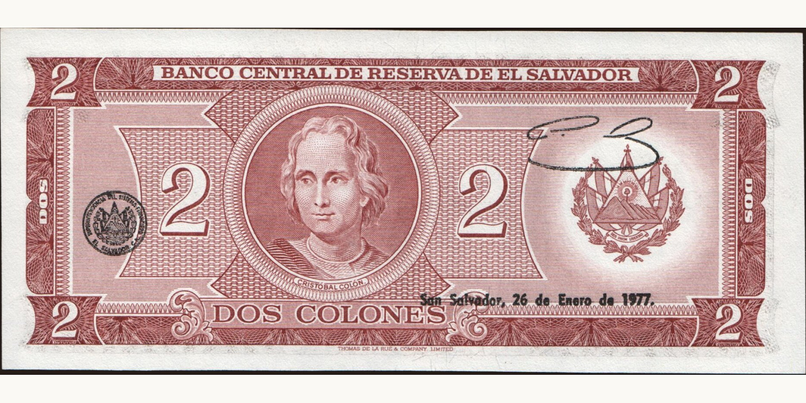 2 colones Сальвадор 1977 — Оборотная сторона