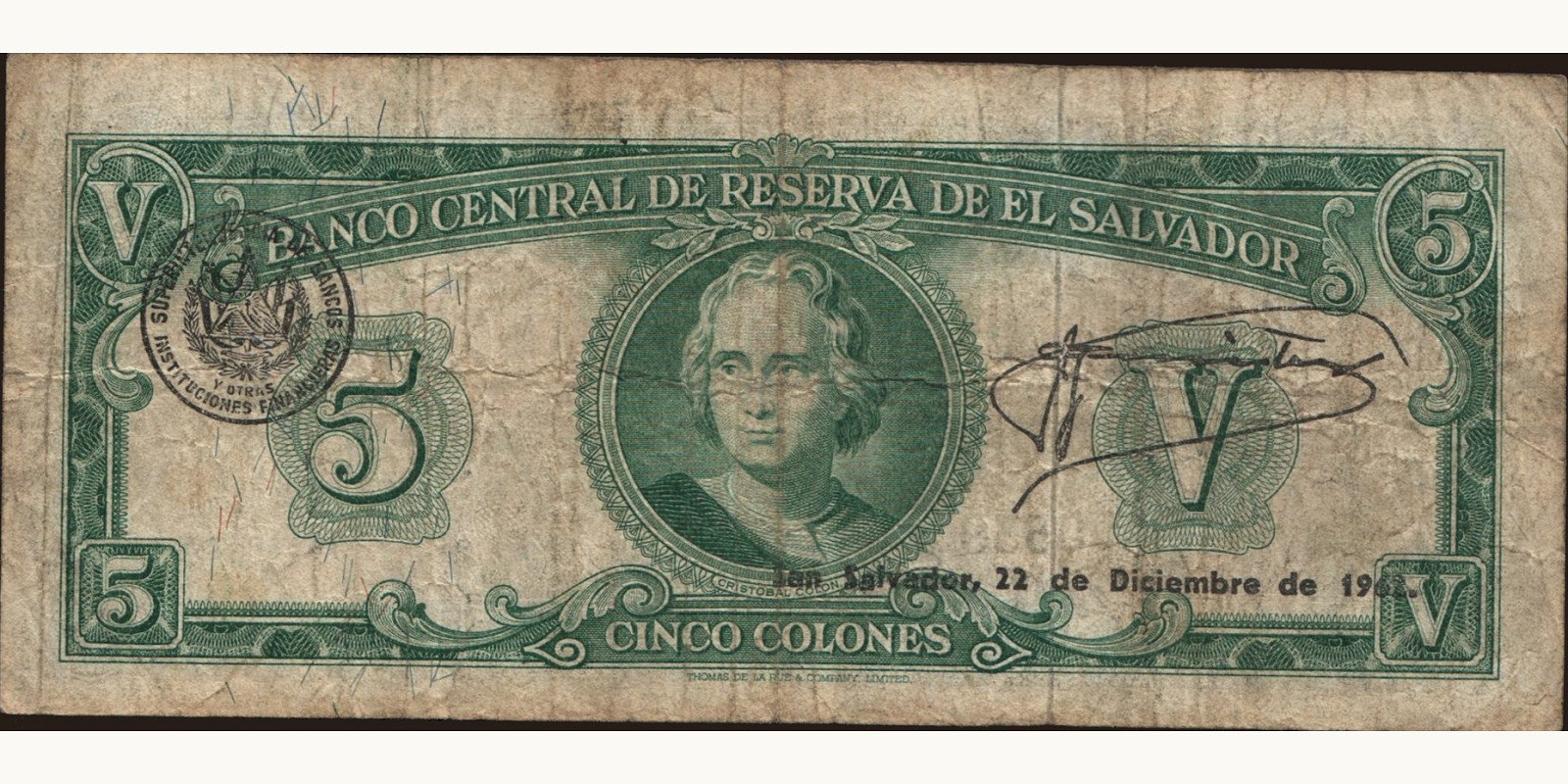5 colones Сальвадор 1962 — Оборотная сторона
