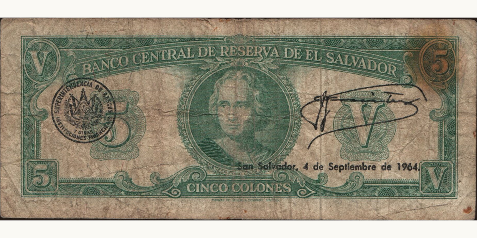 5 colones Сальвадор 1964 — Оборотная сторона