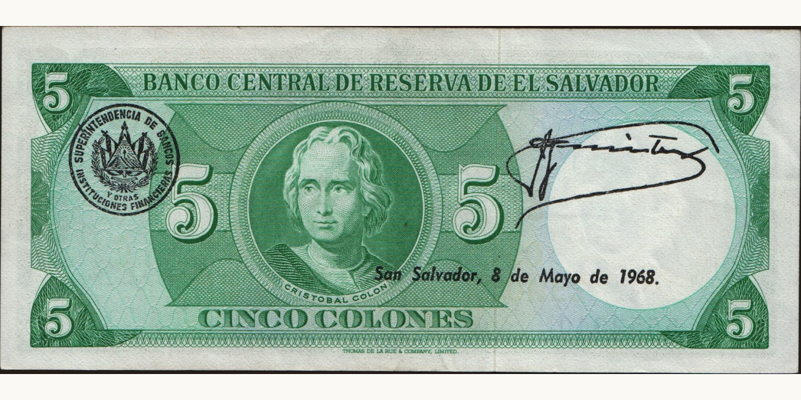5 colones Сальвадор 1968 — Оборотная сторона