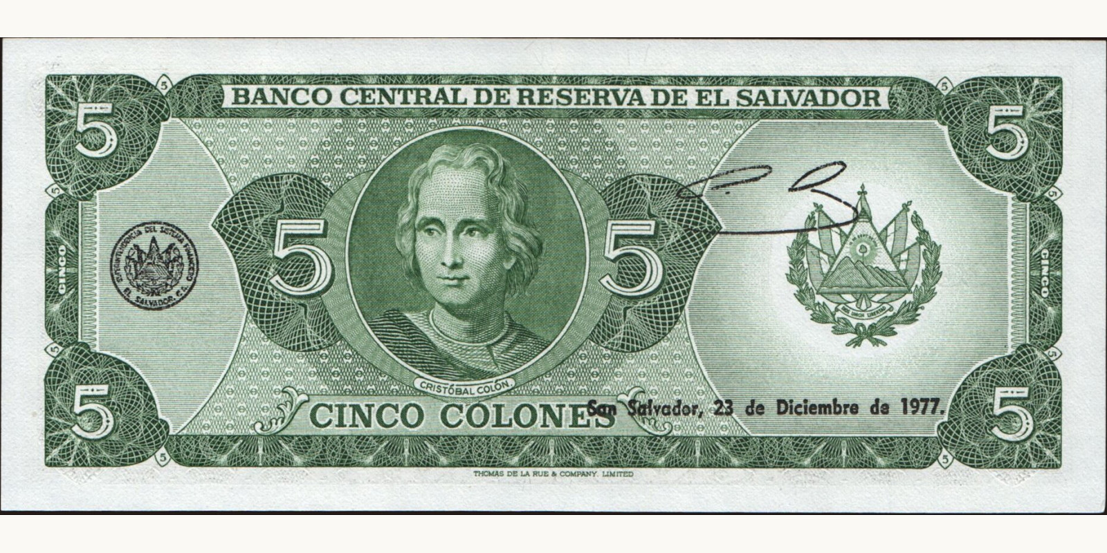 5 colones Сальвадор 1977 — Оборотная сторона