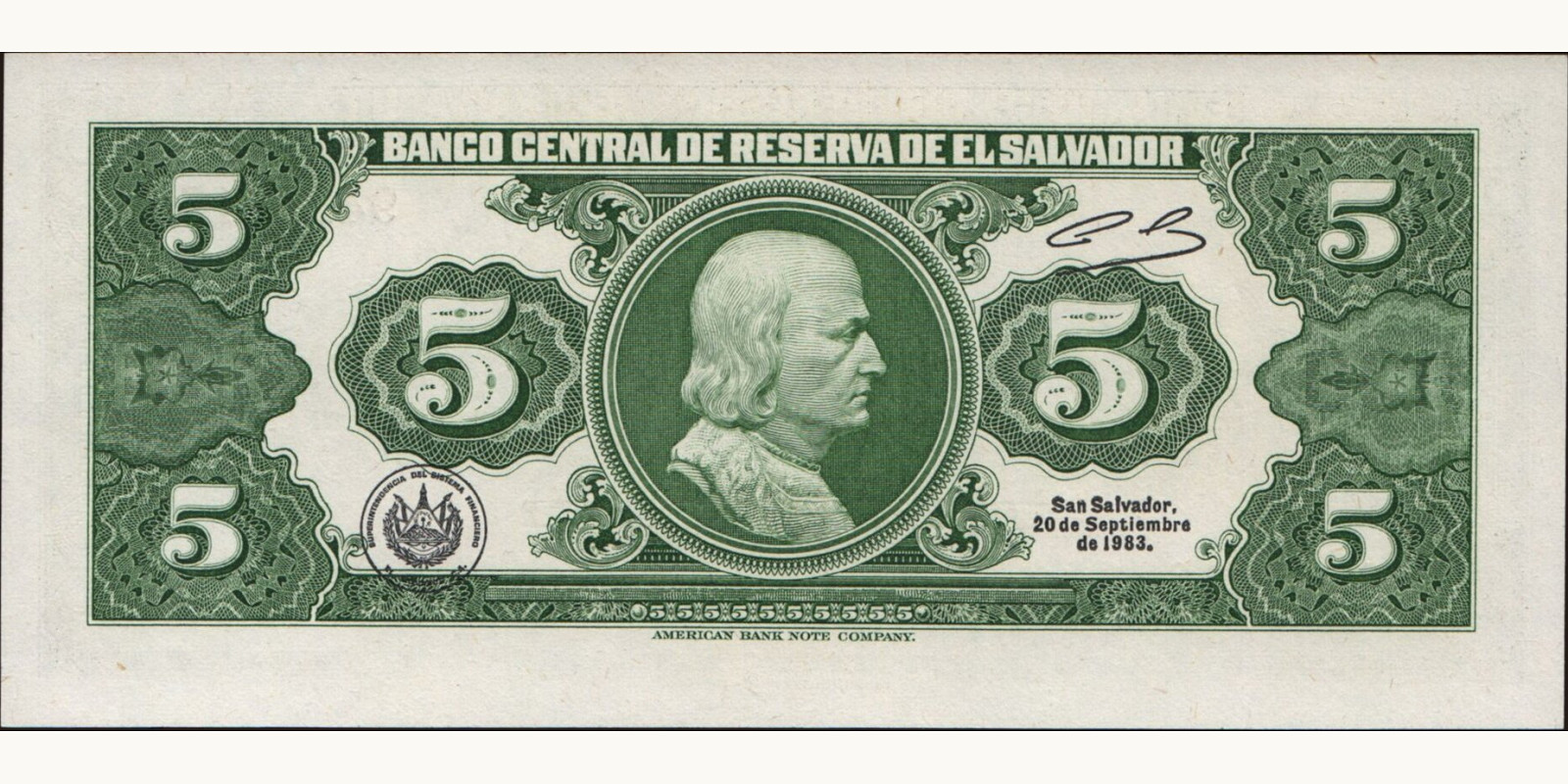 5 colones Сальвадор 1983 — Оборотная сторона