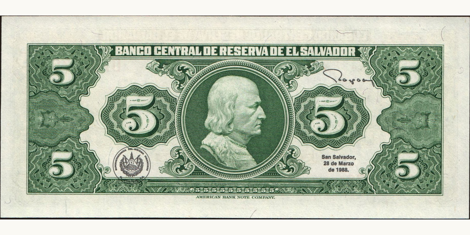 5 colones El Salvador 1988 — Back side