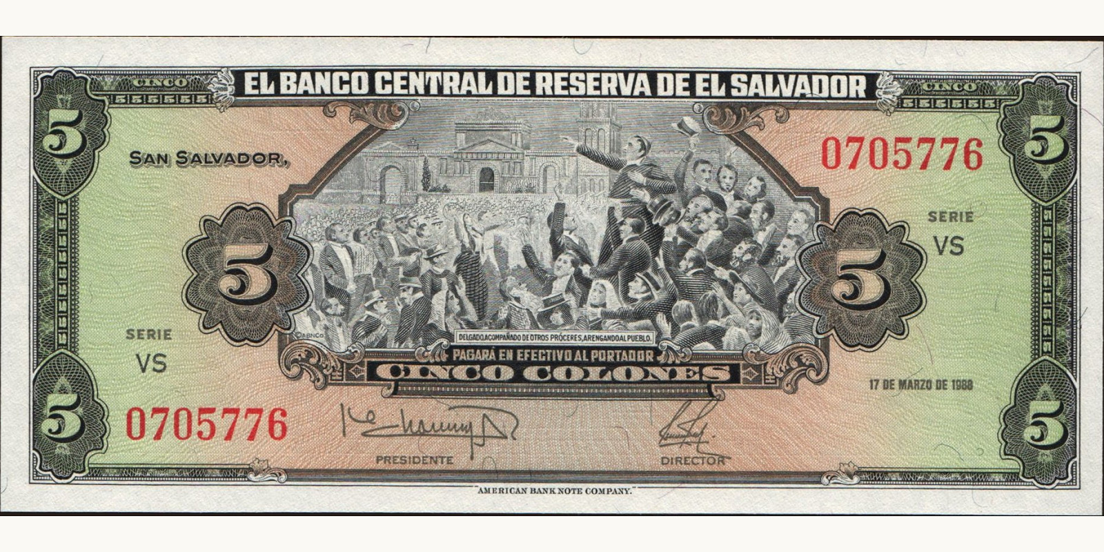 5 colones El Salvador 1988 — Front side