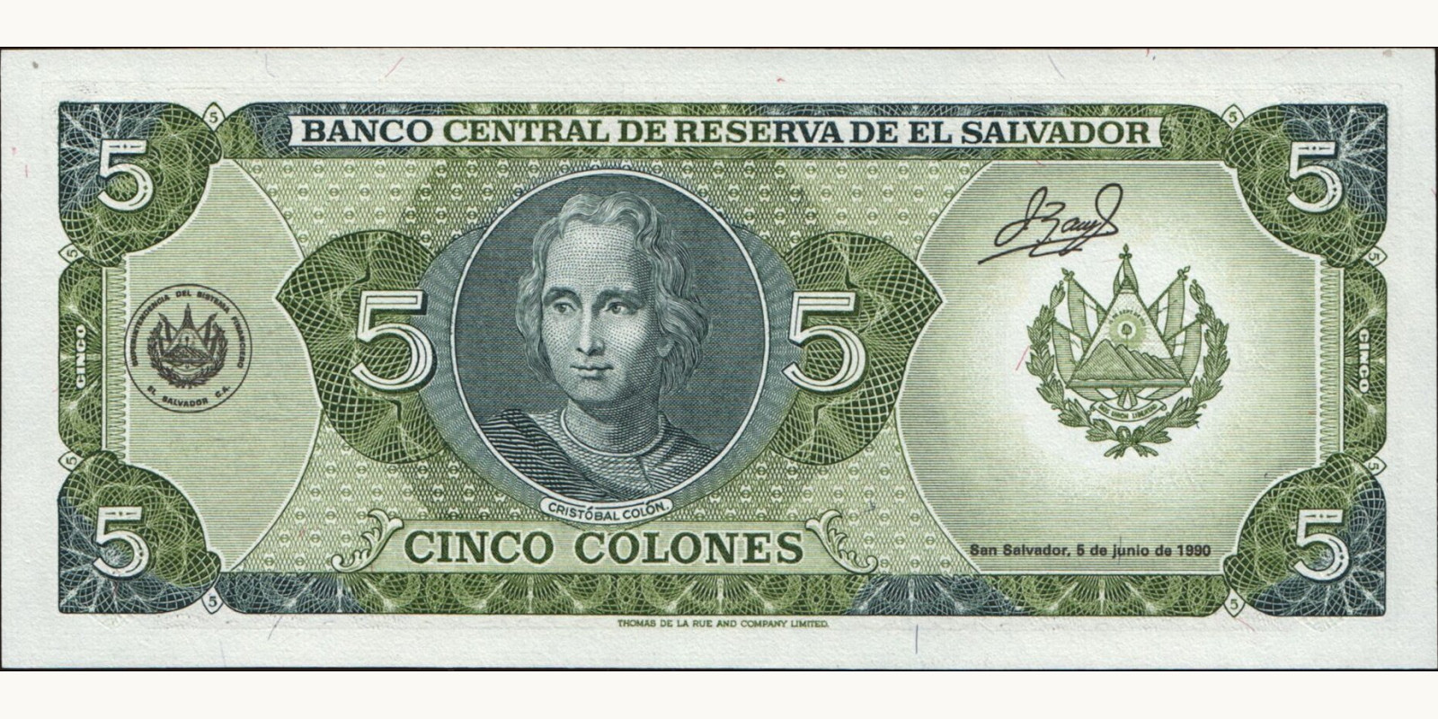 5 colones Сальвадор 1990 — Оборотная сторона