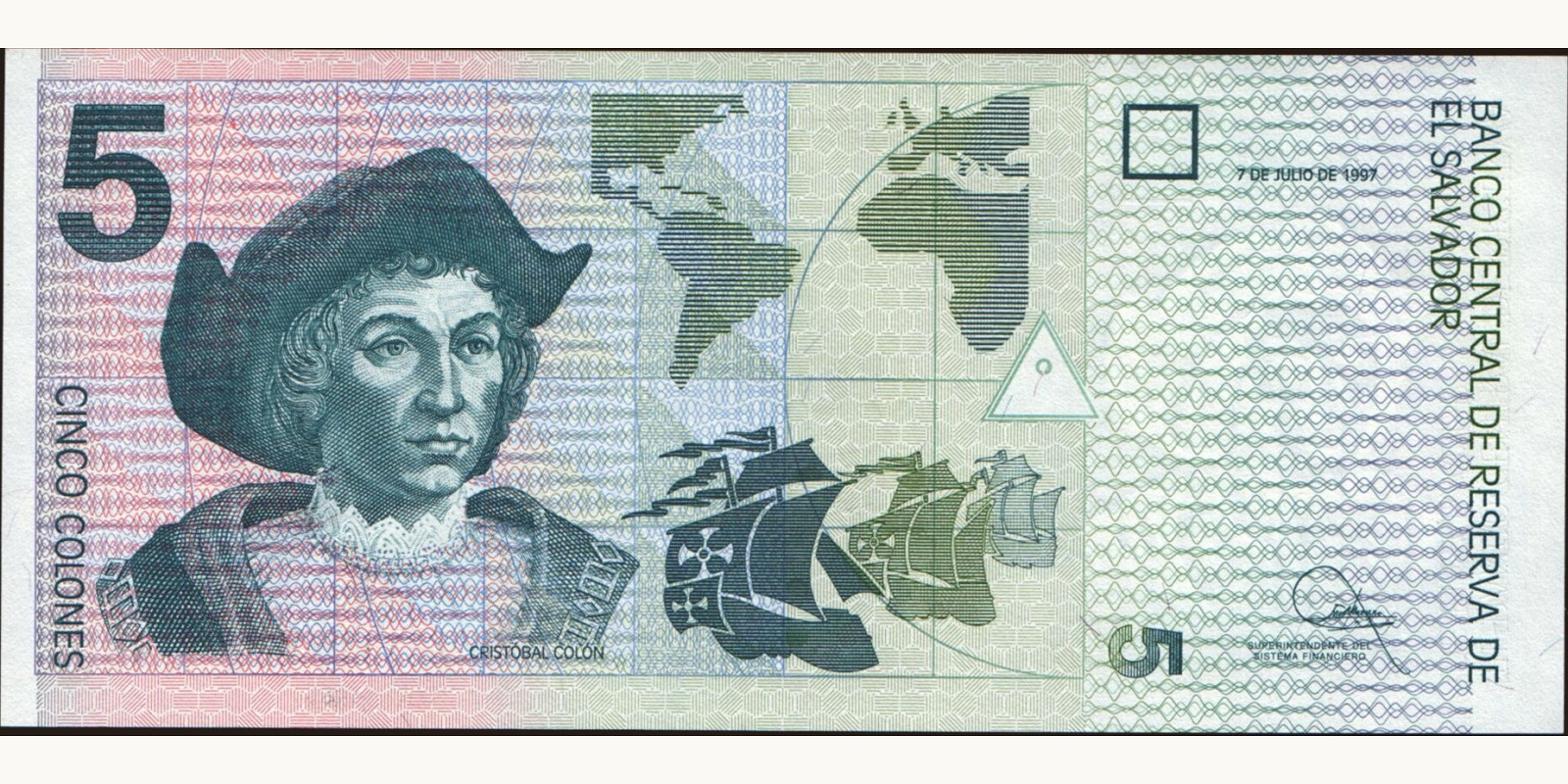 5 colones Сальвадор 1997 — Лицевая сторона