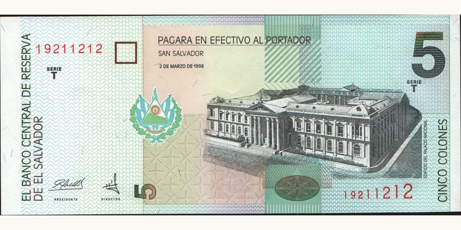 5 colones El Salvador 1998 — Front side