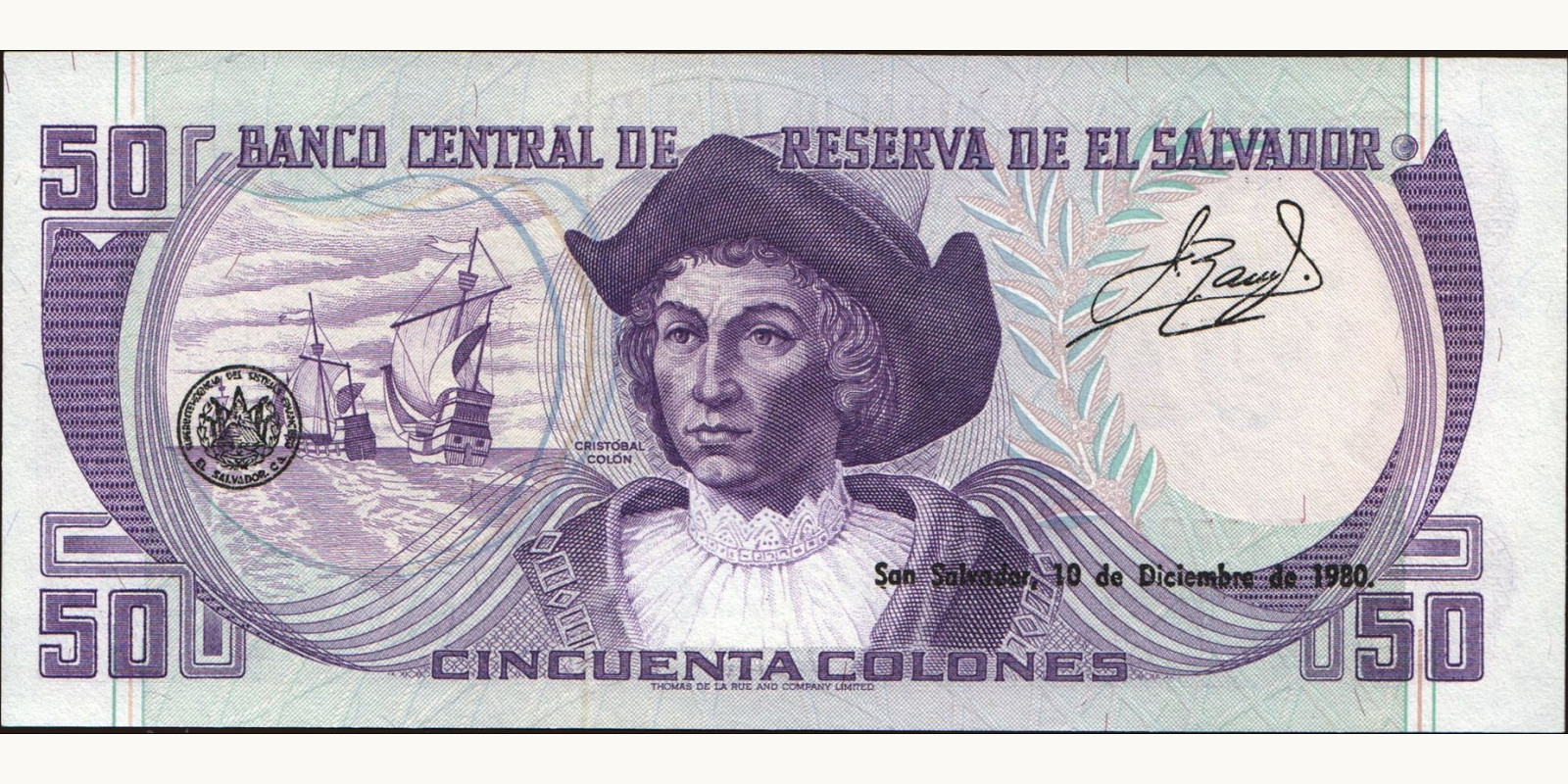 50 colones Сальвадор 1980 — Оборотная сторона