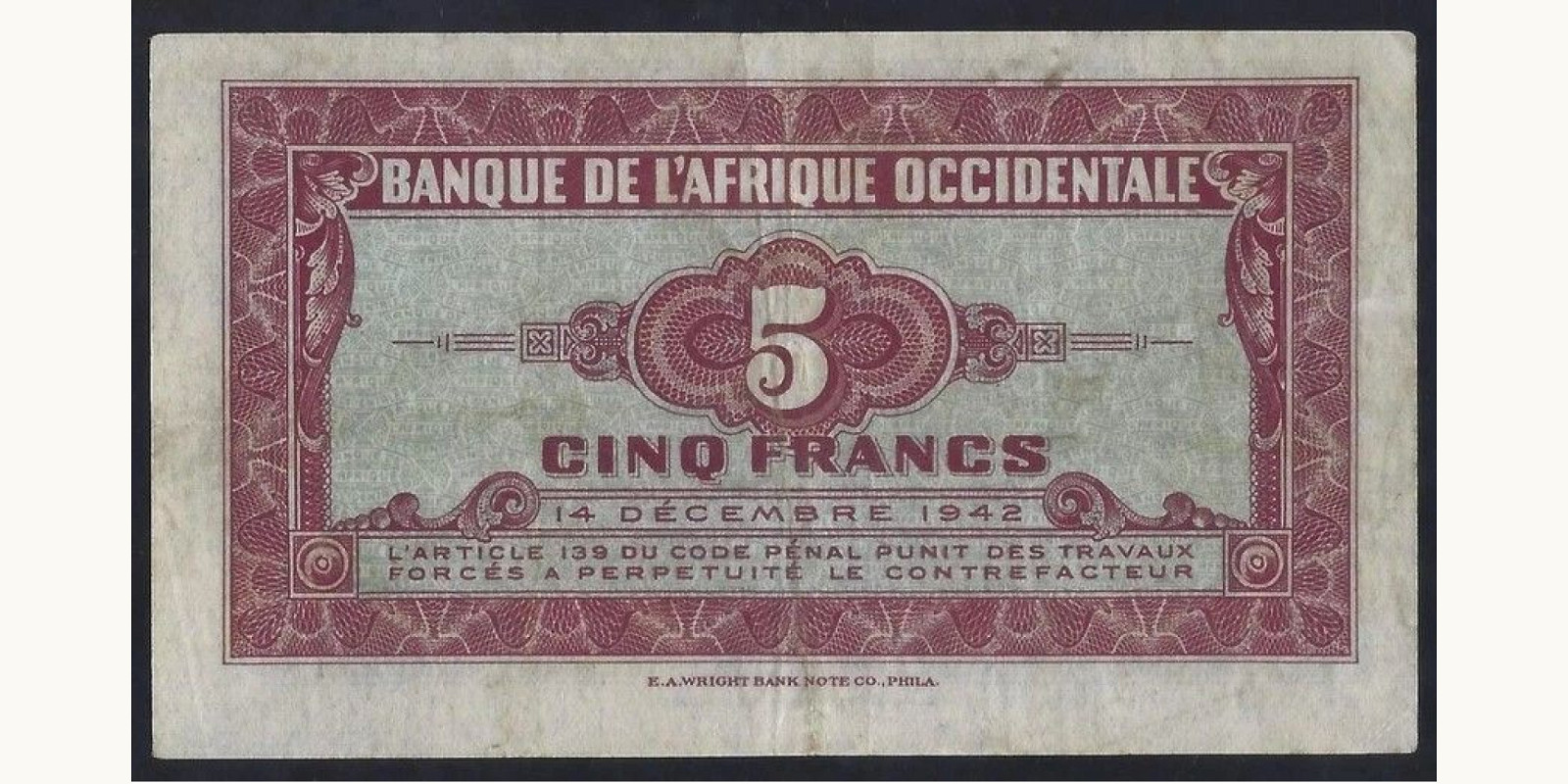 5 franc Того 1942 — Оборотная сторона