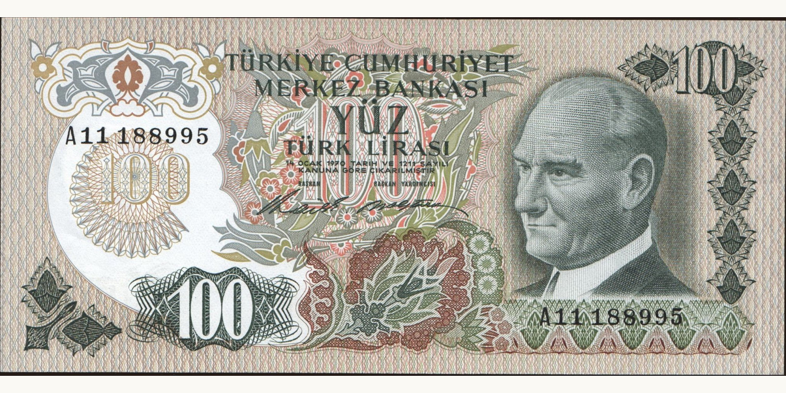 100 lira Турция 1972 — Лицевая сторона