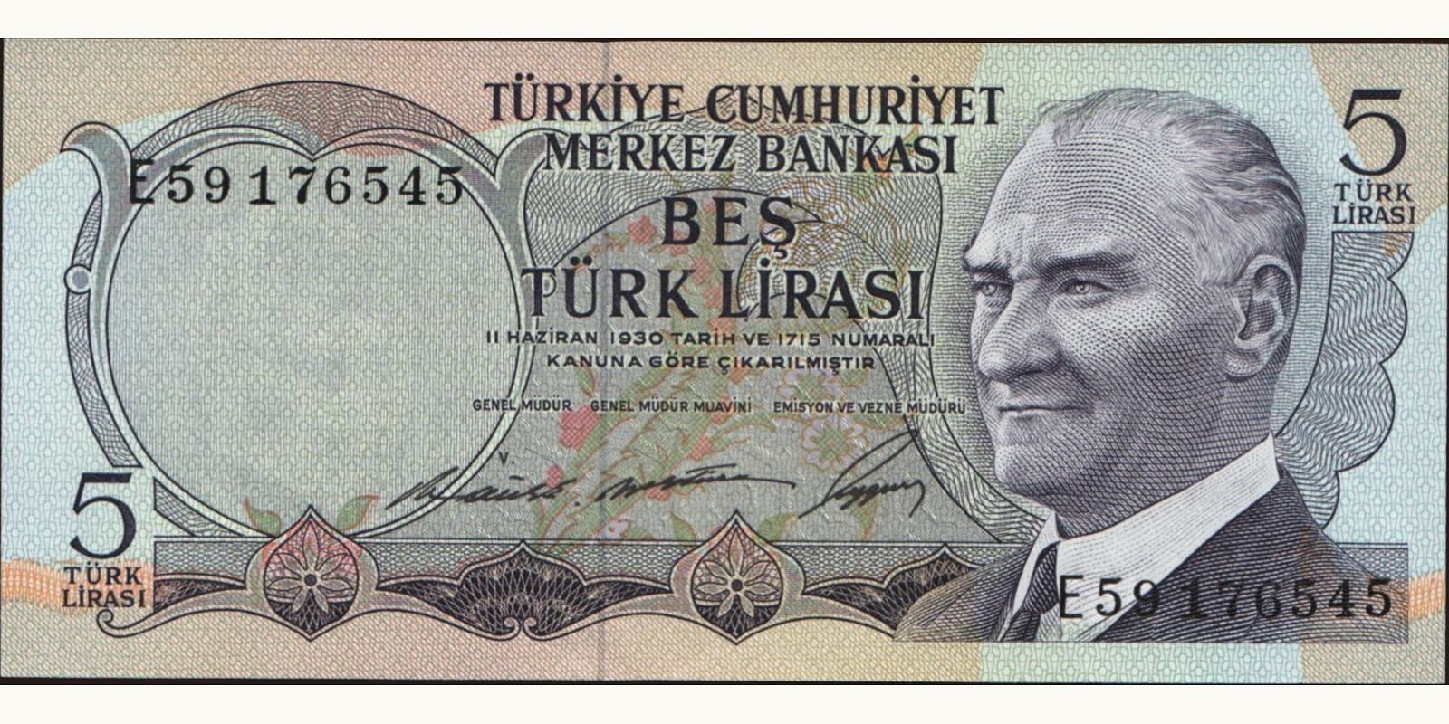 5 lira Turkey 1968 — Front side