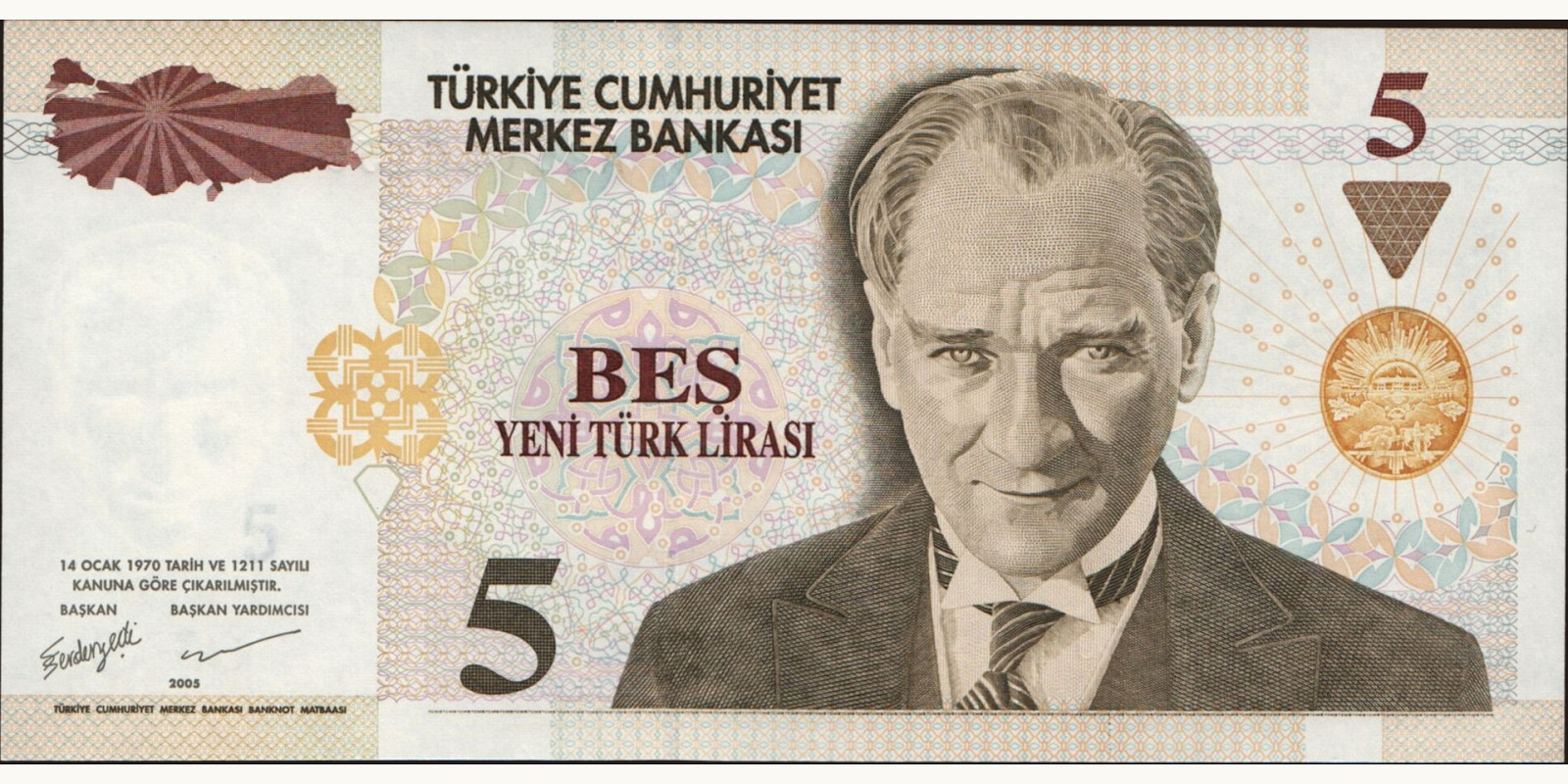 5 lira Турция 2005 — Лицевая сторона