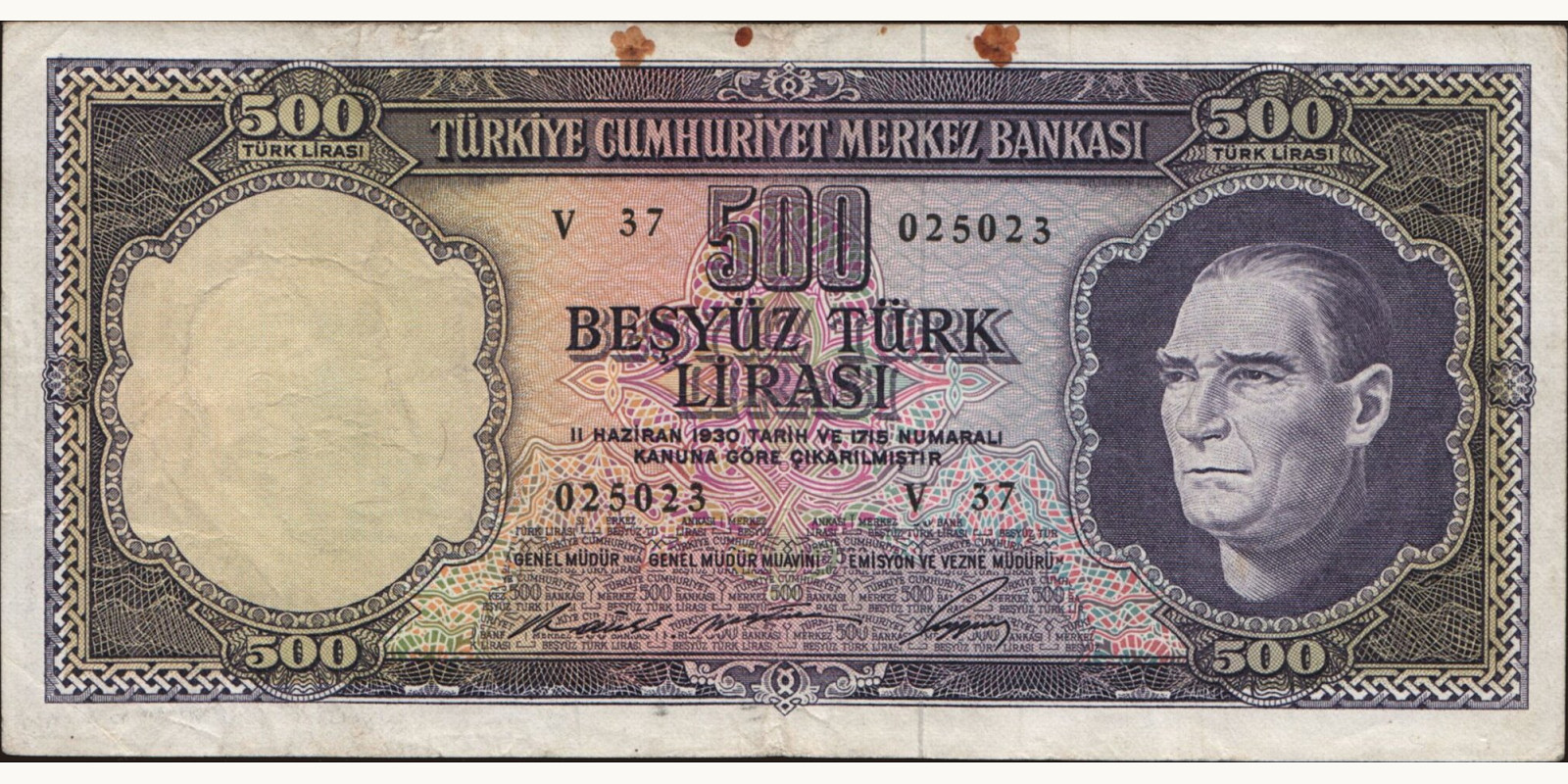 500 lira Турция 1968 — Лицевая сторона