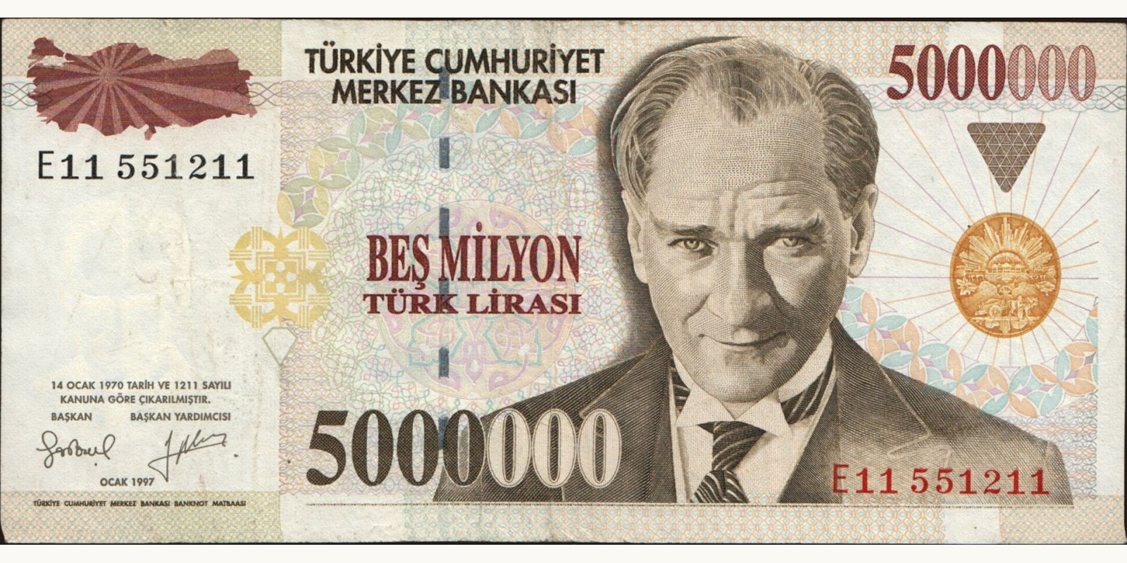 5000000 lira Turkey 1997 — Front side
