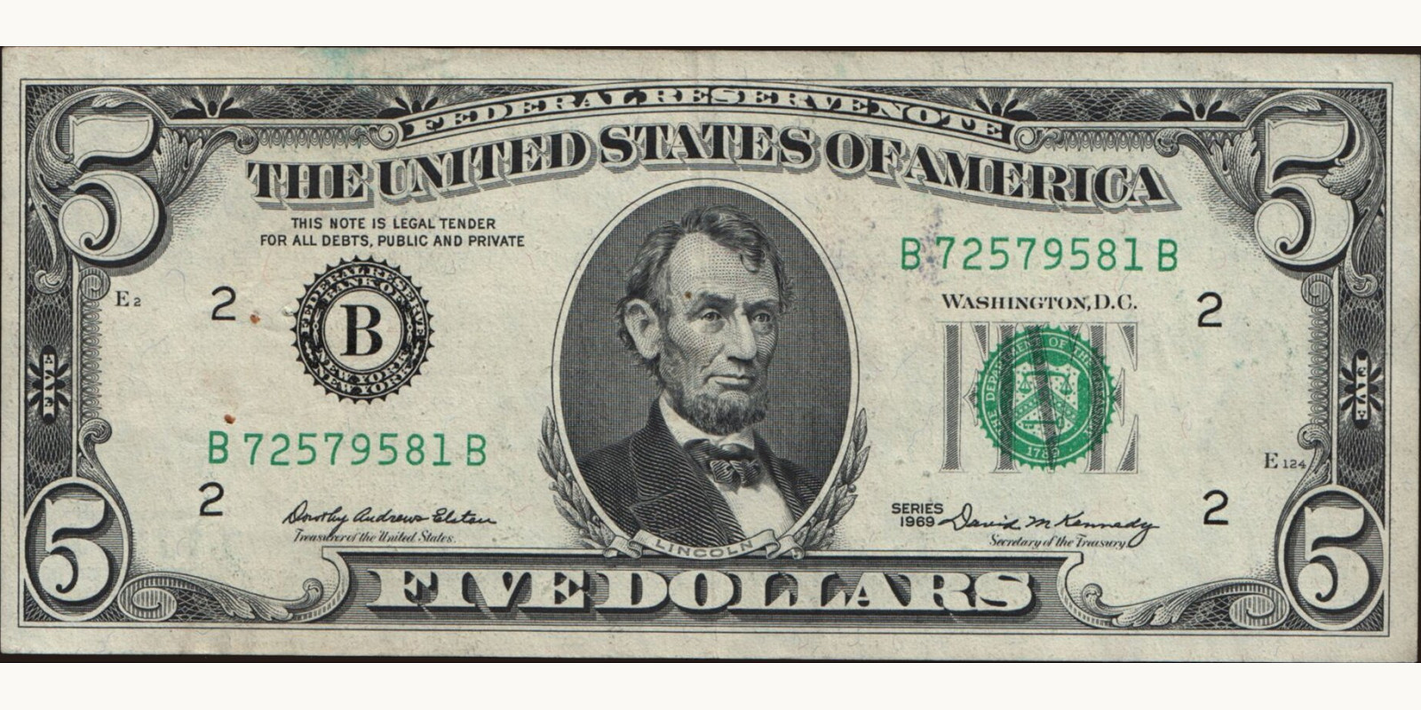 5 dollars United States 1969 — Front side