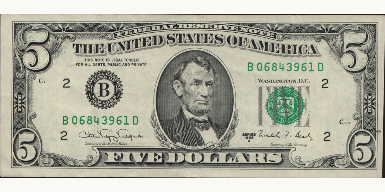 5 dollars США 1988 — Лицевая сторона