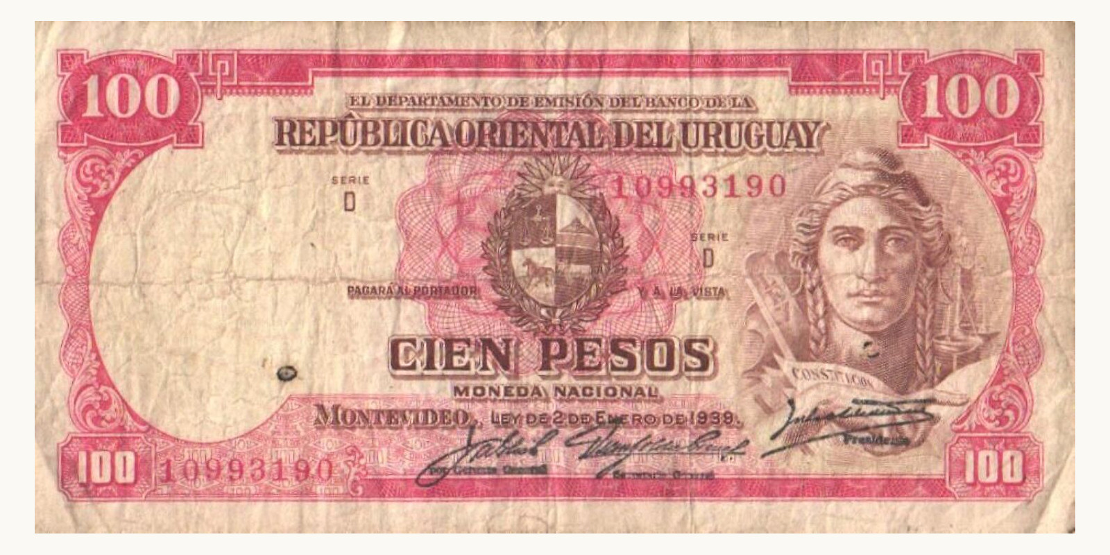 10 peesot Уругвай 1939 — Лицевая сторона