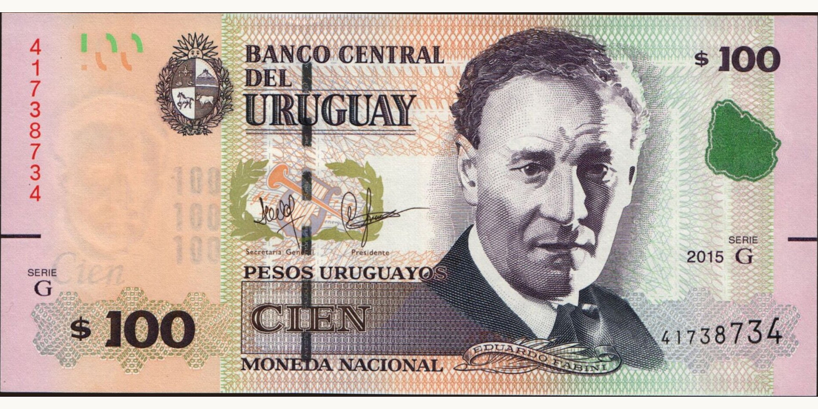 100 pesos Уругвай 2015 — Лицевая сторона