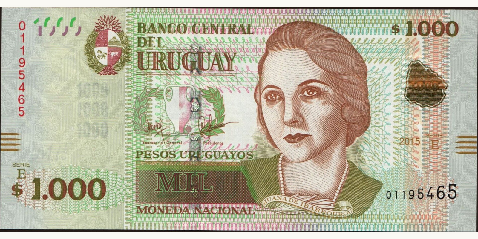 1000 pesos Уругвай 2015 — Лицевая сторона