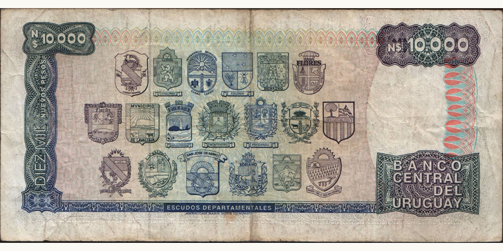 10000 pesos Uruguay 1987 — Back side